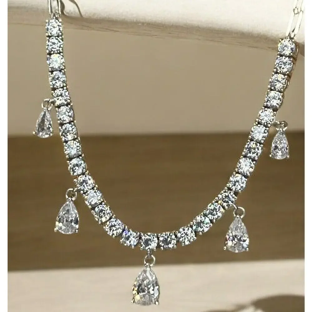 Sterling Silver Stunning CZ Drop Necklace Elegant Stylish Fashion Chic Glam NEW